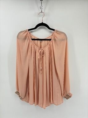NY Collection Pink Blouse Sheer Bedazzled Cuff Statement Sleeves